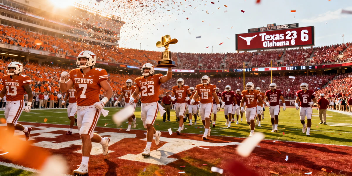 Texas Longhorns celebrating victory at Cotton Bowl with Golden Hat trophy, scoreboard showing Texas 23 Oklahoma 6, confetti falling