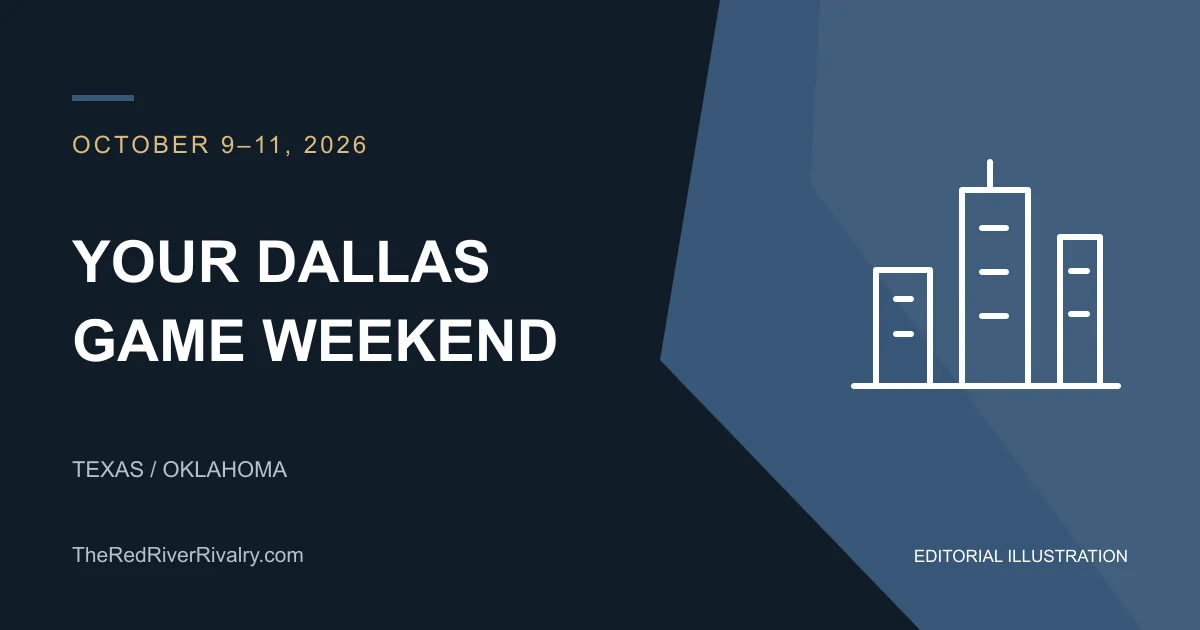 Editorial skyline illustration for the October 9–11, 2026 Dallas game weekend.