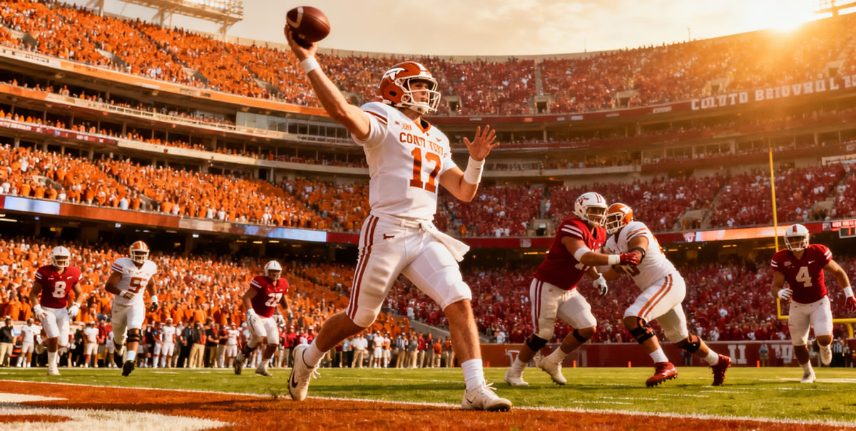 Dramatic moment of college football quarterback throwing winning touchdown pass in packed Cotton Bowl Stadium with split crowd of burnt orange and crimson fans