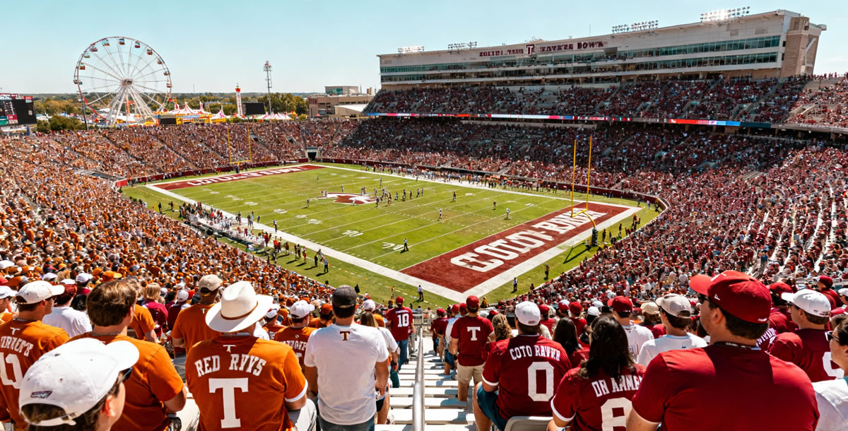 Cotton Bowl Stadium packed with fans during Red River Rivalry game day, showing the iconic split between burnt orange Texas fans and crimson Oklahoma fans